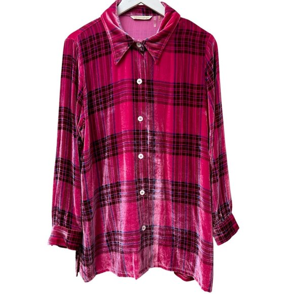 SOFT SURROUNDINGS Velvet Shirt Large Tall Pink Plaid Rayon Silk Button Up Womens - Picture 1 of 11